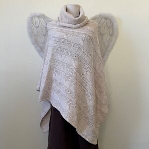 Mori Girl Boho Chunky Knit Poncho Cream Turtle Neck Cable Knit Wool Blend Cute